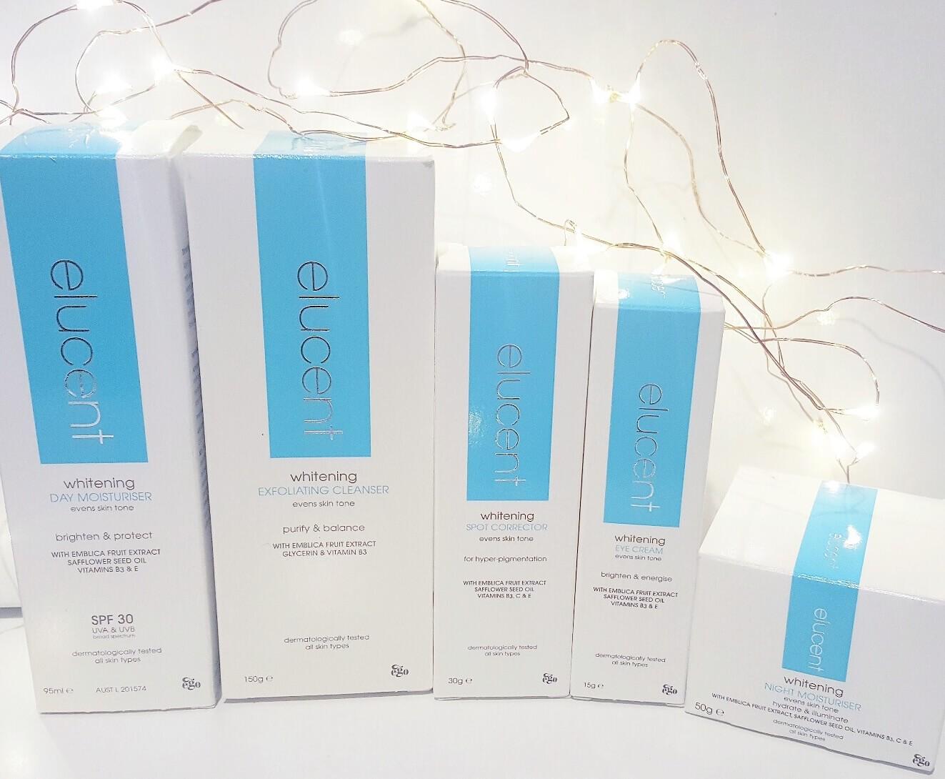 ELUCENT SKINCARE - WHITENING DAY & NIGHT MOISTURISER EYE CREAM EXFOLIATING CLEANSER & SPOT CORRECTOR